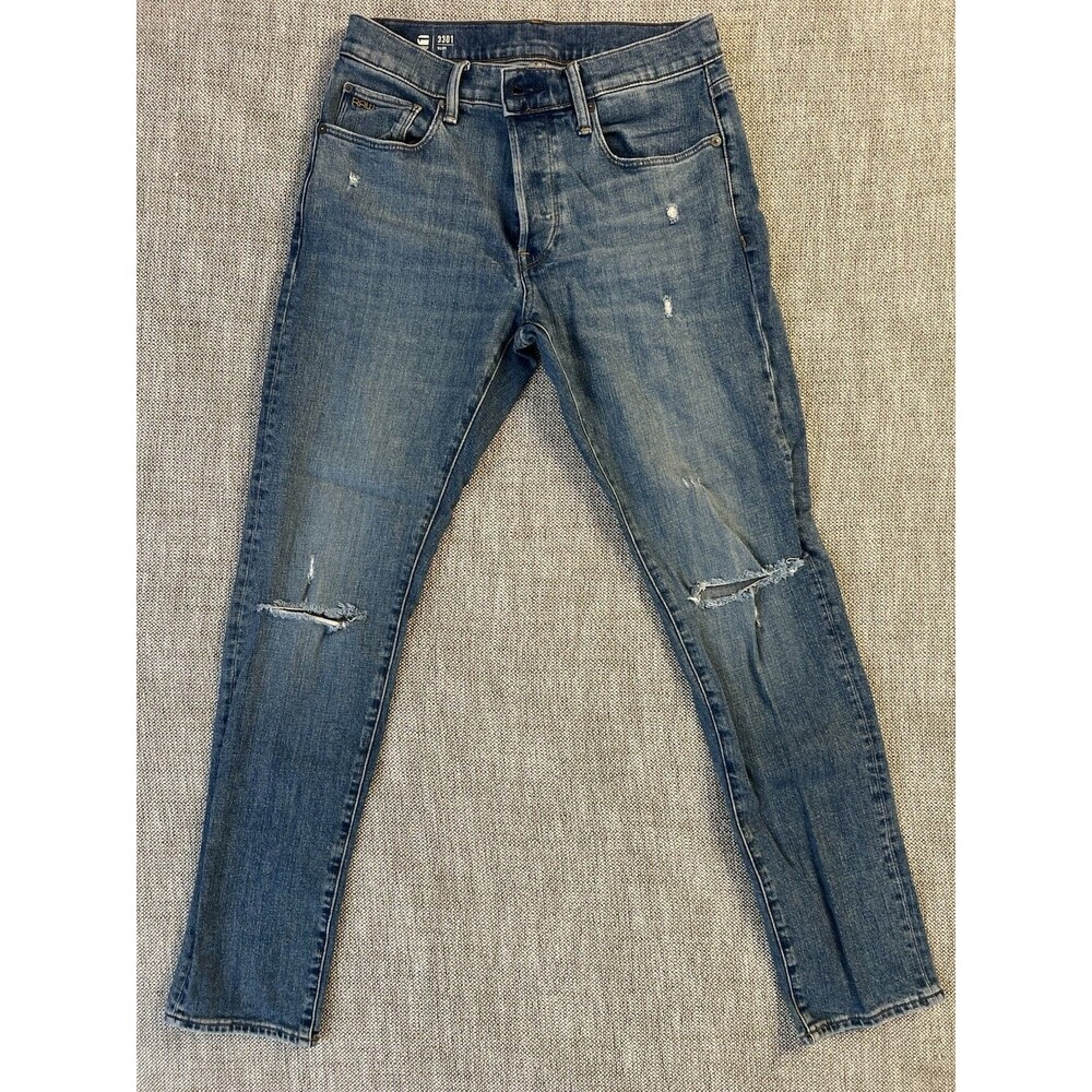 G-Star RAW 3301 Men’s Blue Medium Wash Slim Fit Distressed Button Fly